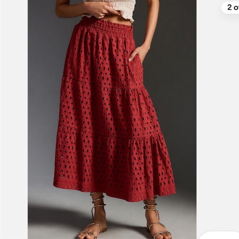 Anthropologie Red Eyelet Maxi Skirt - Picture 3 of 6